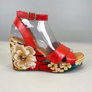Born Wedge Sandals Womens Size 8 M Red Leather Ankle Strap Buckle Floral Shoes
